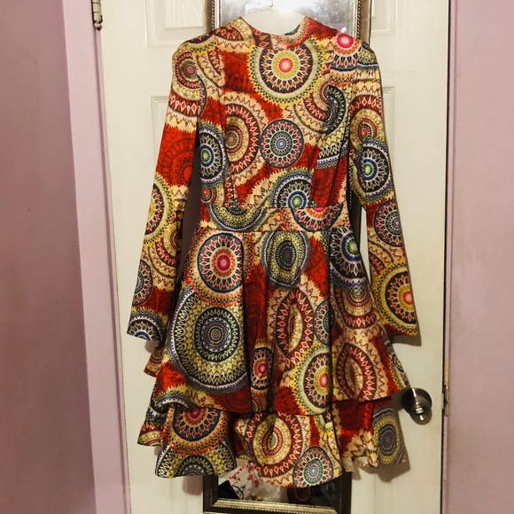 Unique Exotic High Fashion Flare Carretto Print Geometric Dress Knee Length Midi - Picture 2 of 11